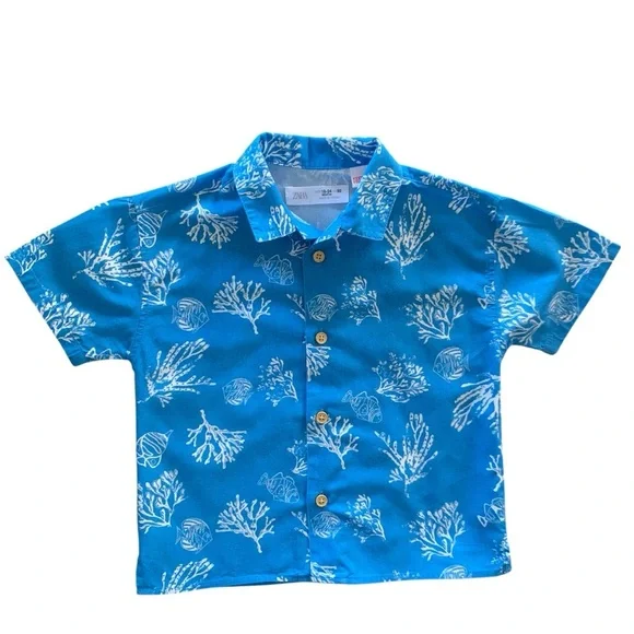 ZARA Baby Boy Blue White Button Up Shirt Beach Ocean Fish Coral Sz 18-24 Months - Picture 1 of 4